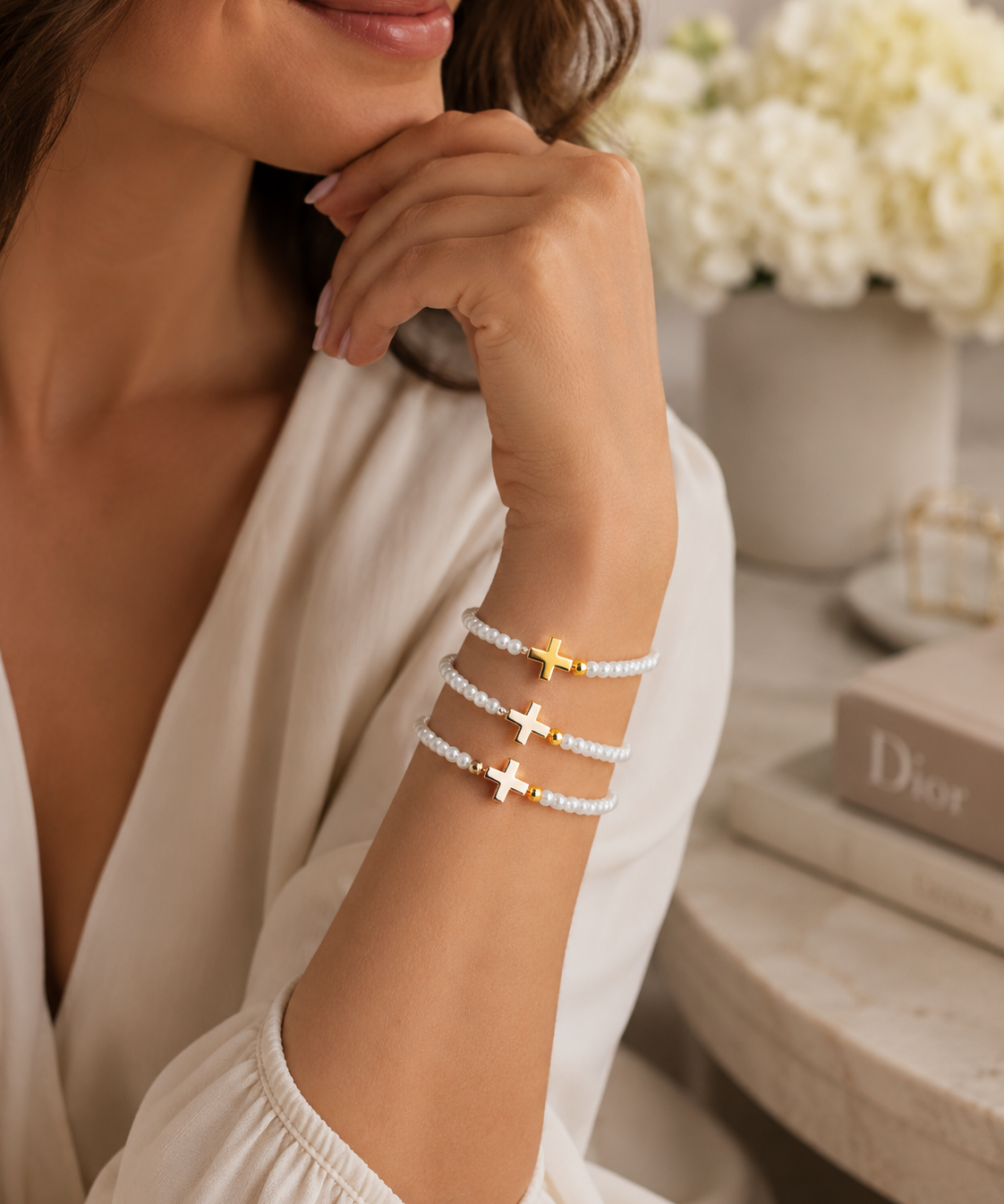 3 Row Pearl Cross Bracelet (detail view 2)