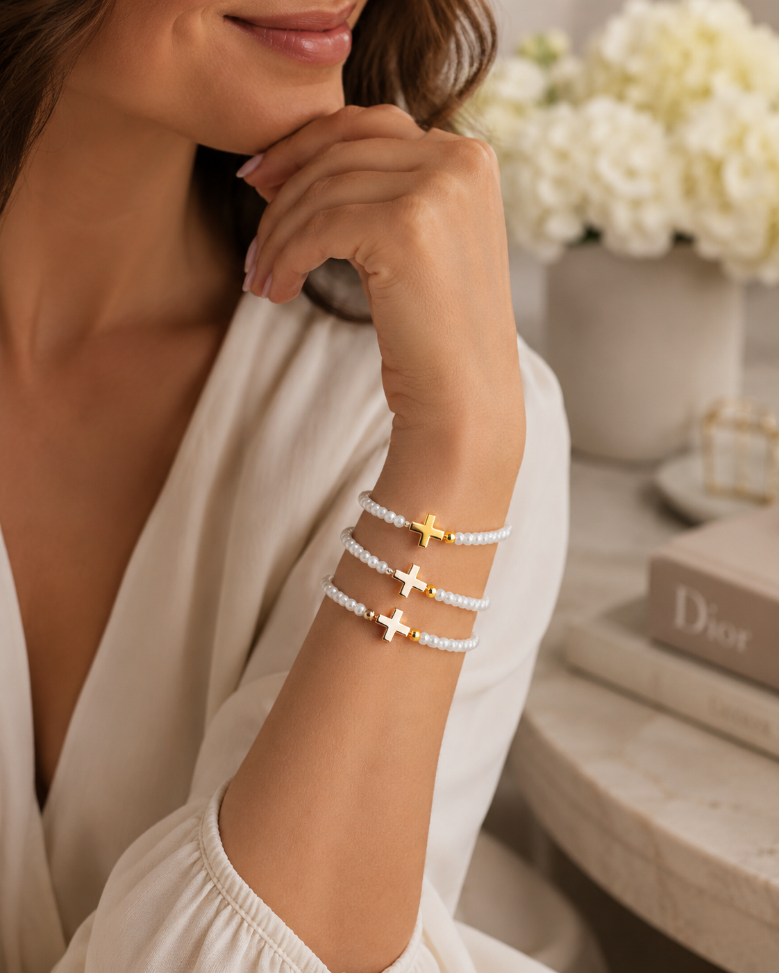 3 Row Pearl Cross Bracelet (detail view 2)