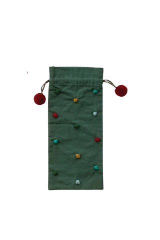 Drawstring Wine Bag with Tassels & Pom Pom Accent
