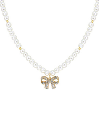 Pave Bow Pendant Pearl Necklace