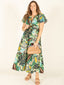 Pre-Order: Tropical Leaf Print V-Neck Maxi Dress