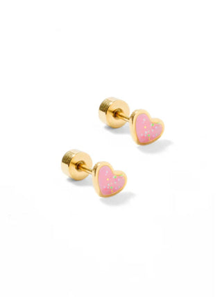 Gold Enamel Heart Flatback Stud Earrings Pink