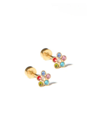 Gold Multi-Colored CZ Flower Flatback Stud Earrings