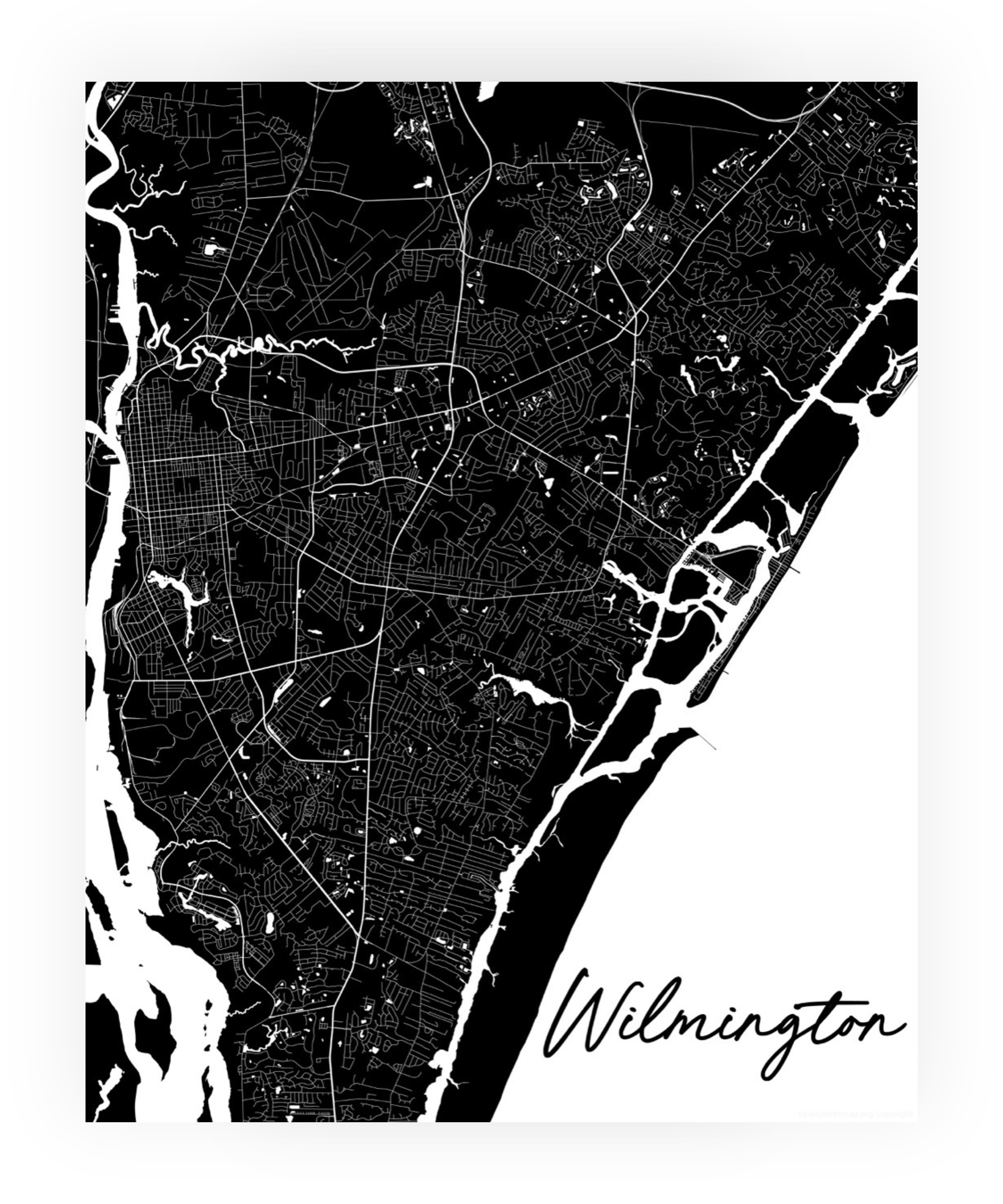 Wilmington NC Coastal Map Print - Black & White (detail view 2)