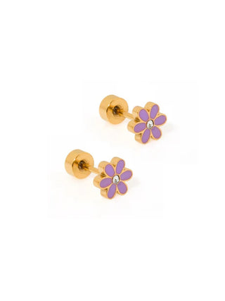 Gold Enamel Flower Flatback Stud Earrings Purple