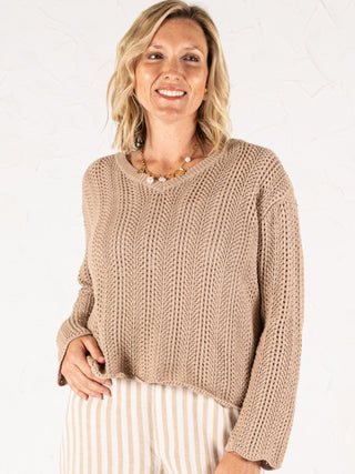 Open Knit V-Neck Sweater Sand