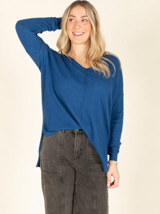 Hi-Low V-Neck Sweater-Blue