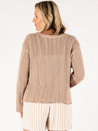 Open Knit V-Neck Sweater Sand