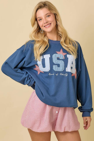 USA Patchwork Oversized Crewneck Blue