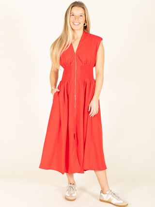 Front Zipper Sleeveless Midi Dress