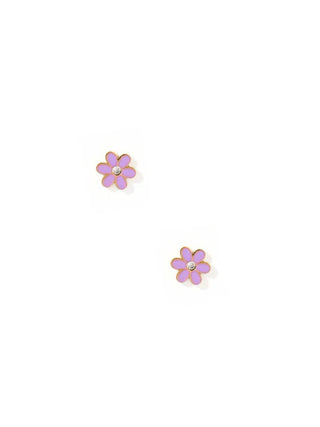 Gold Enamel Flower Flatback Stud Earrings Purple