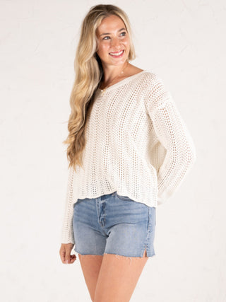 Open Knit V-Neck Sweater White