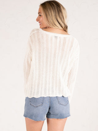 Open Knit V-Neck Sweater White