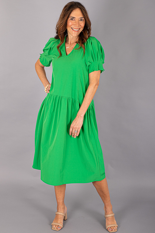 Silky Kelly Green Dress with A-Line Drop Waist and Gathered Sleeve Detailing. 