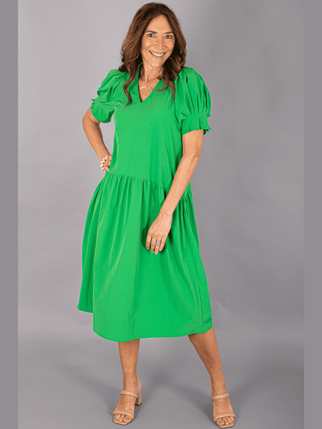 Silky Kelly Green Dress with A-Line Drop Waist and Gathered Sleeve Detailing. 