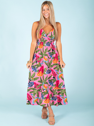 V Neck Tropical Midi Dress