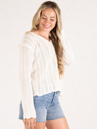 Open Knit V-Neck Sweater White