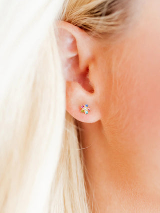 Gold Multi-Colored CZ Flower Flatback Stud Earrings