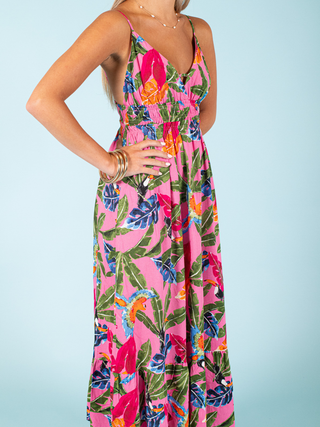 V Neck Tropical Midi Dress