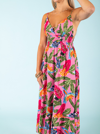 V Neck Tropical Midi Dress