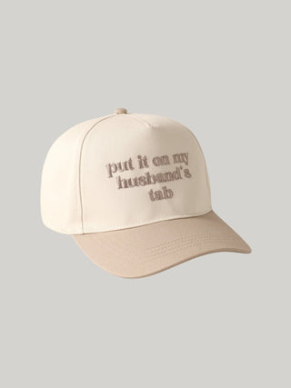 "Put It On My Husband's Tab" Embroidered Canvas Hat Beige
