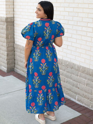 Royal blue dress with pink flowers