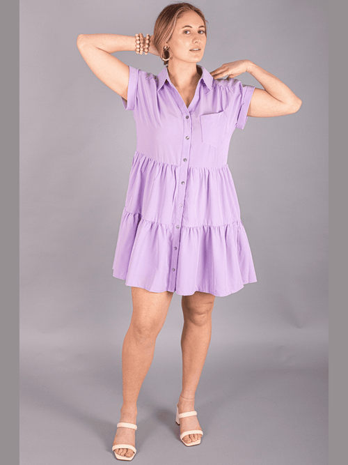 Beautiful lavender 3 tier dress with button up front collared neck and front pocket.