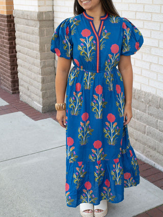 Royal blue dress with pink flowers