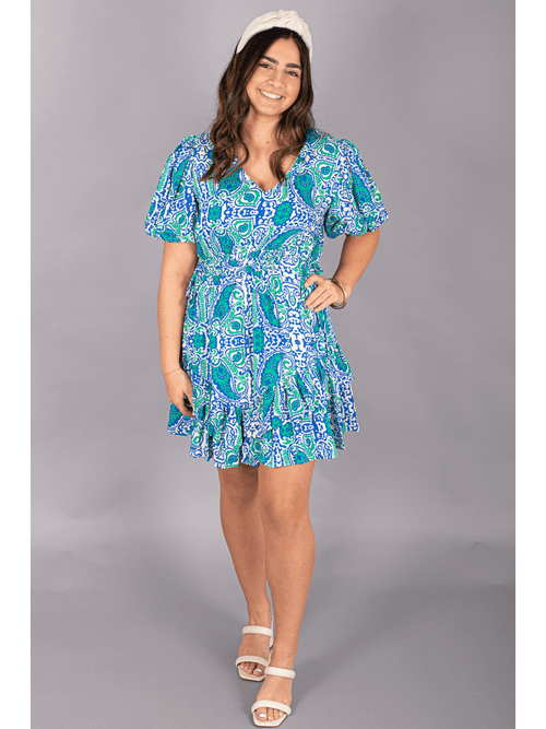 Floral Blue and Green Paisley Mini Dress with v-neck and adjustable cinched waist