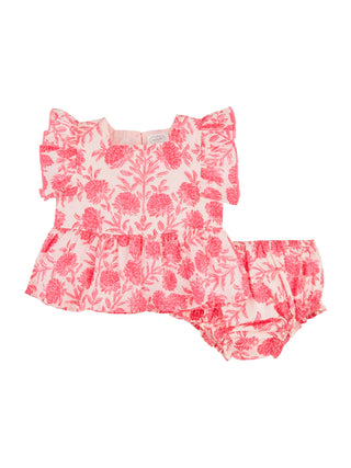 Pink Block Print Floral Pinafore Set