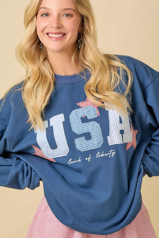 USA Patchwork Oversized Crewneck Blue