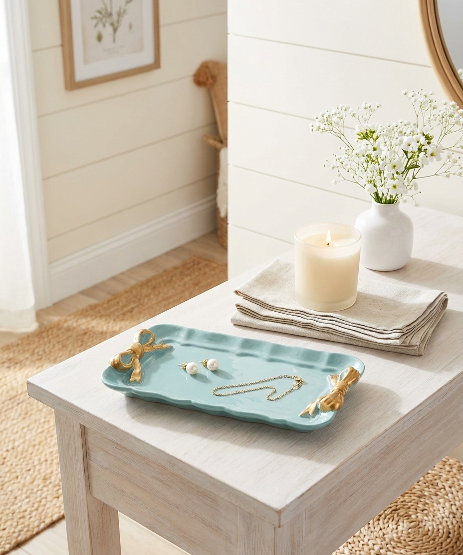 Aqua Metal Tray with Gold Bow Accents