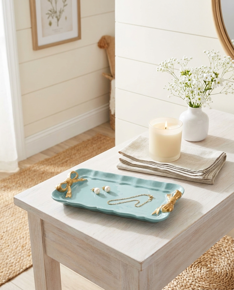 Aqua Metal Tray with Gold Bow Accents