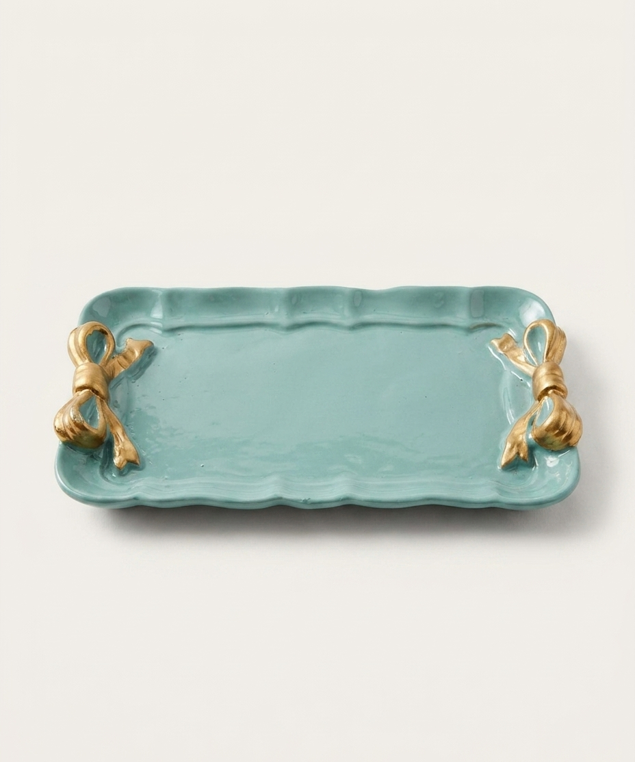Aqua Metal Tray with Gold Bow Accents (detail view 2)