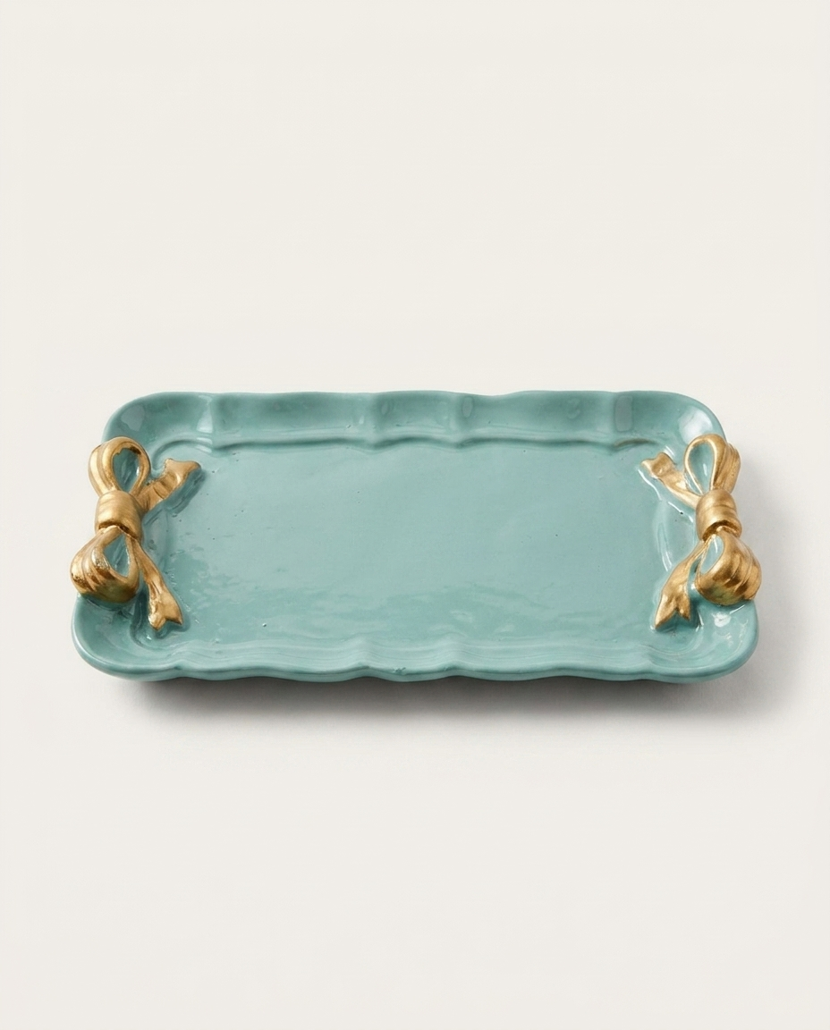 Aqua Metal Tray with Gold Bow Accents (detail view 2)