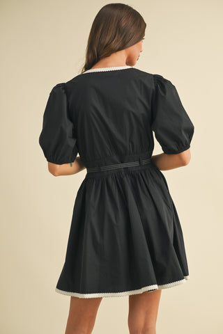 Belted Puff Short Sleeve V-neck A-line Flared Mini Dress