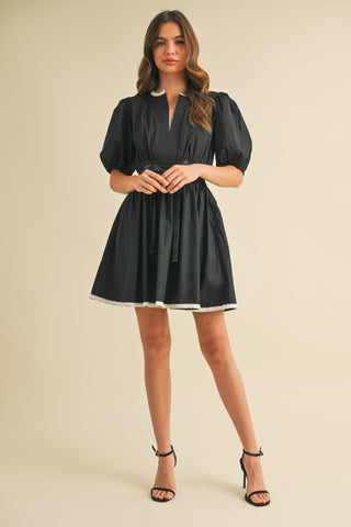 Belted Puff Short Sleeve V-neck A-line Flared Mini Dress