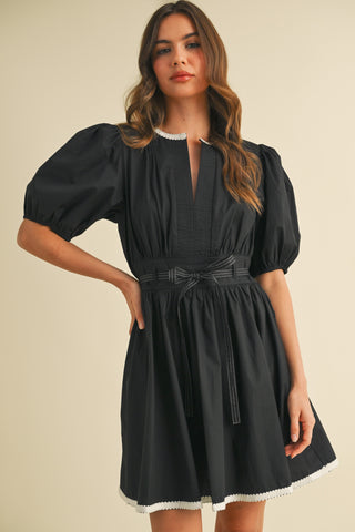 Belted Puff Short Sleeve V-neck A-line Flared Mini Dress