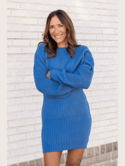 Blue Balloon Sleeve Sweater Dress