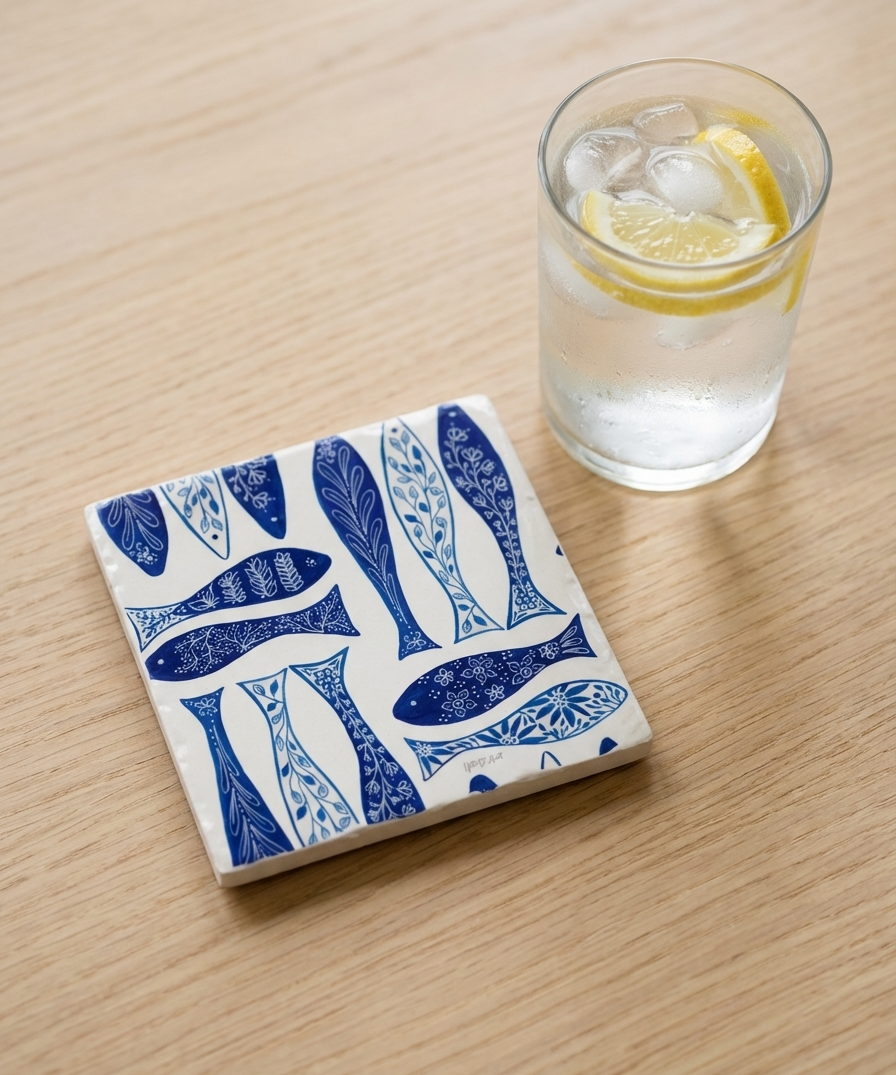 Blue Fish Tile Coaster – Coastal Nautical Fish Ceramic Drink Coaster