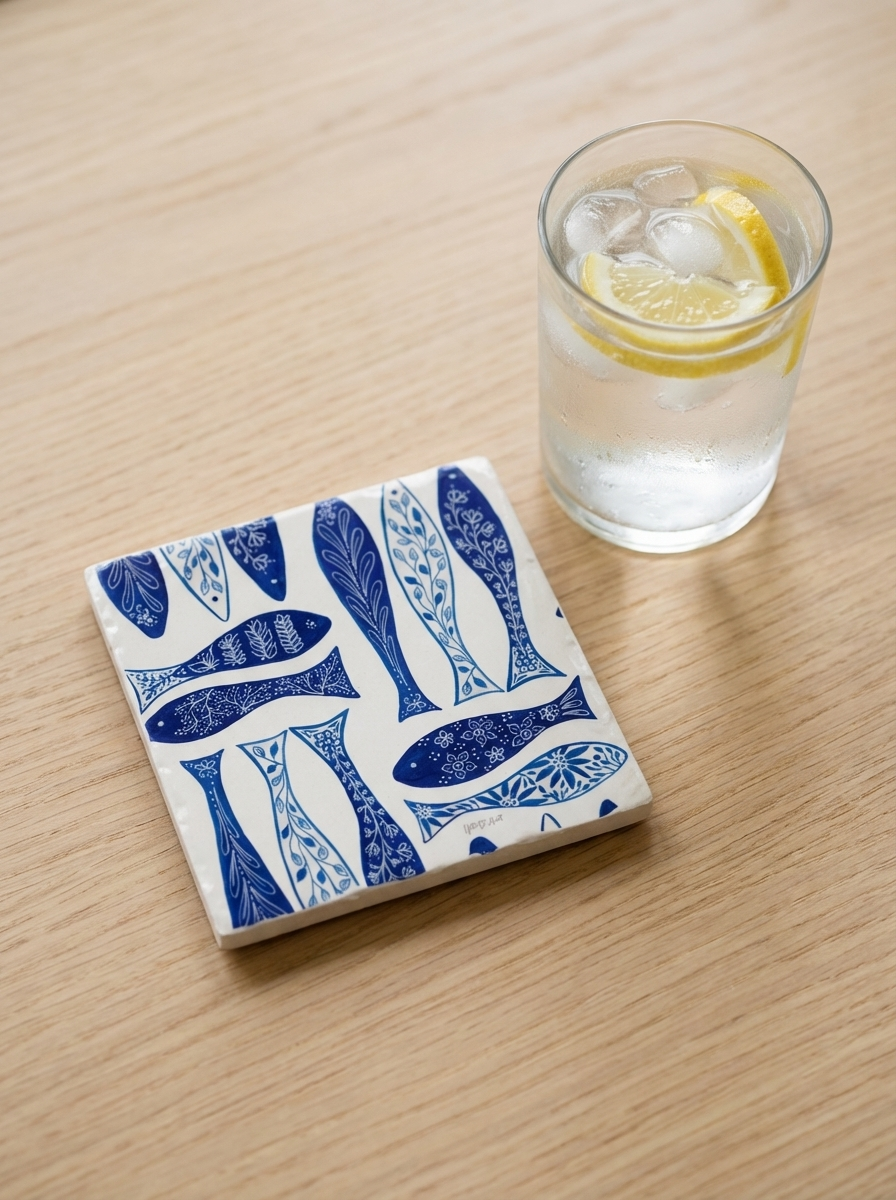 Blue Fish Tile Coaster – Coastal Nautical Fish Ceramic Drink Coaster
