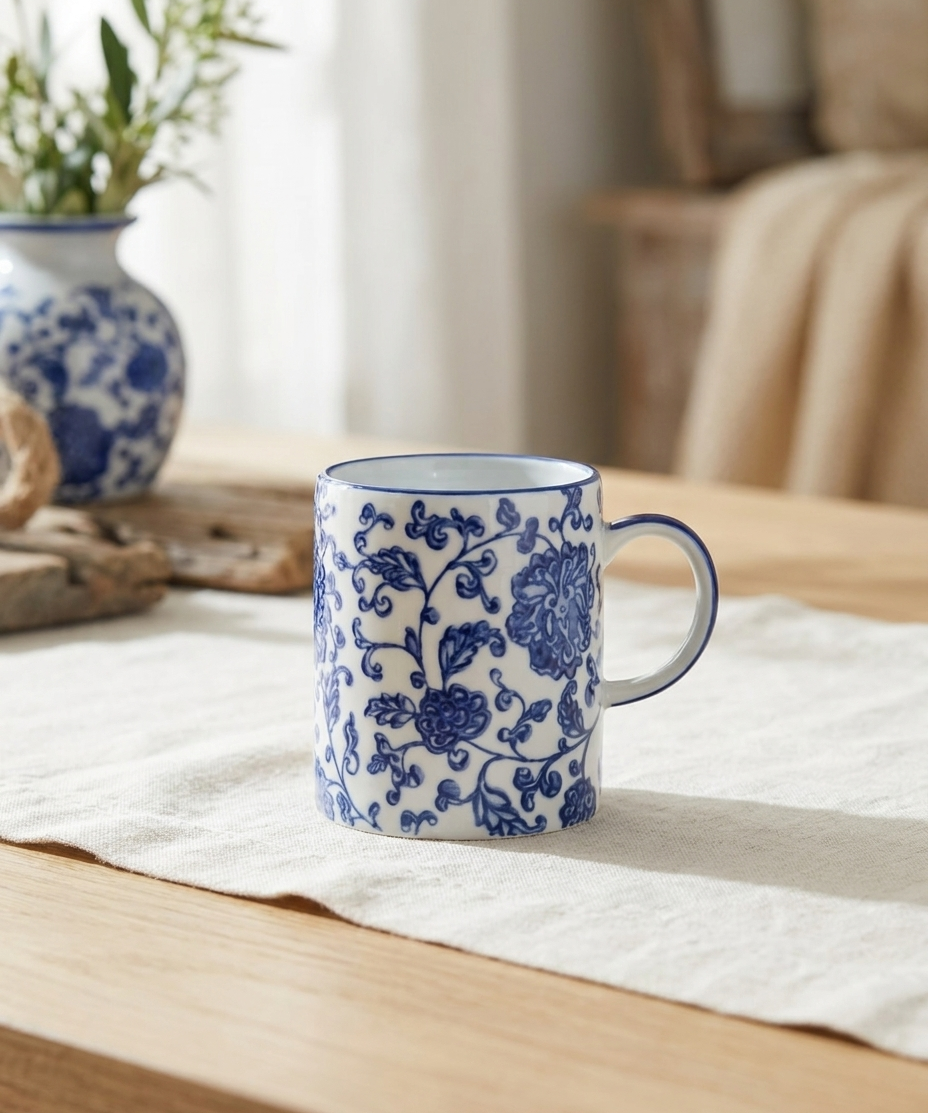 Blue Floral Ceramic Mug – Vintage Blue Floral Coffee Mug Gift
