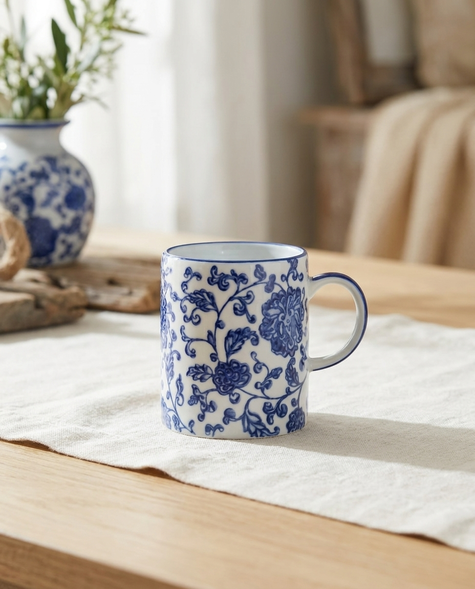 Blue Floral Ceramic Mug – Vintage Blue Floral Coffee Mug Gift