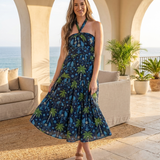 Blue Palm Halter Neck Midi Dress