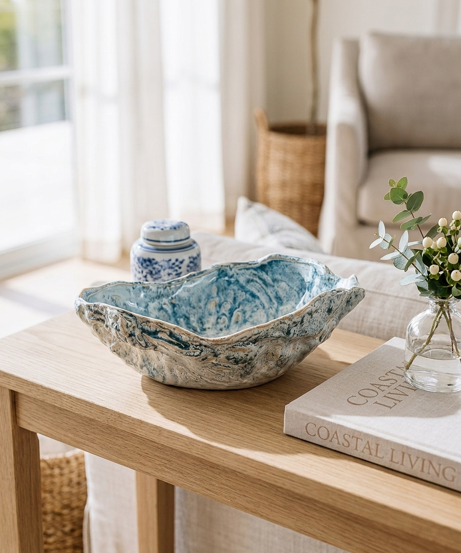 Blue Wash Open Oyster Shell Dish – Coastal Oyster Shell Trinket Dish