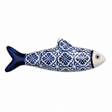 Hand-painted stoneware fish with a cobalt blue floral tile pattern and navy tail