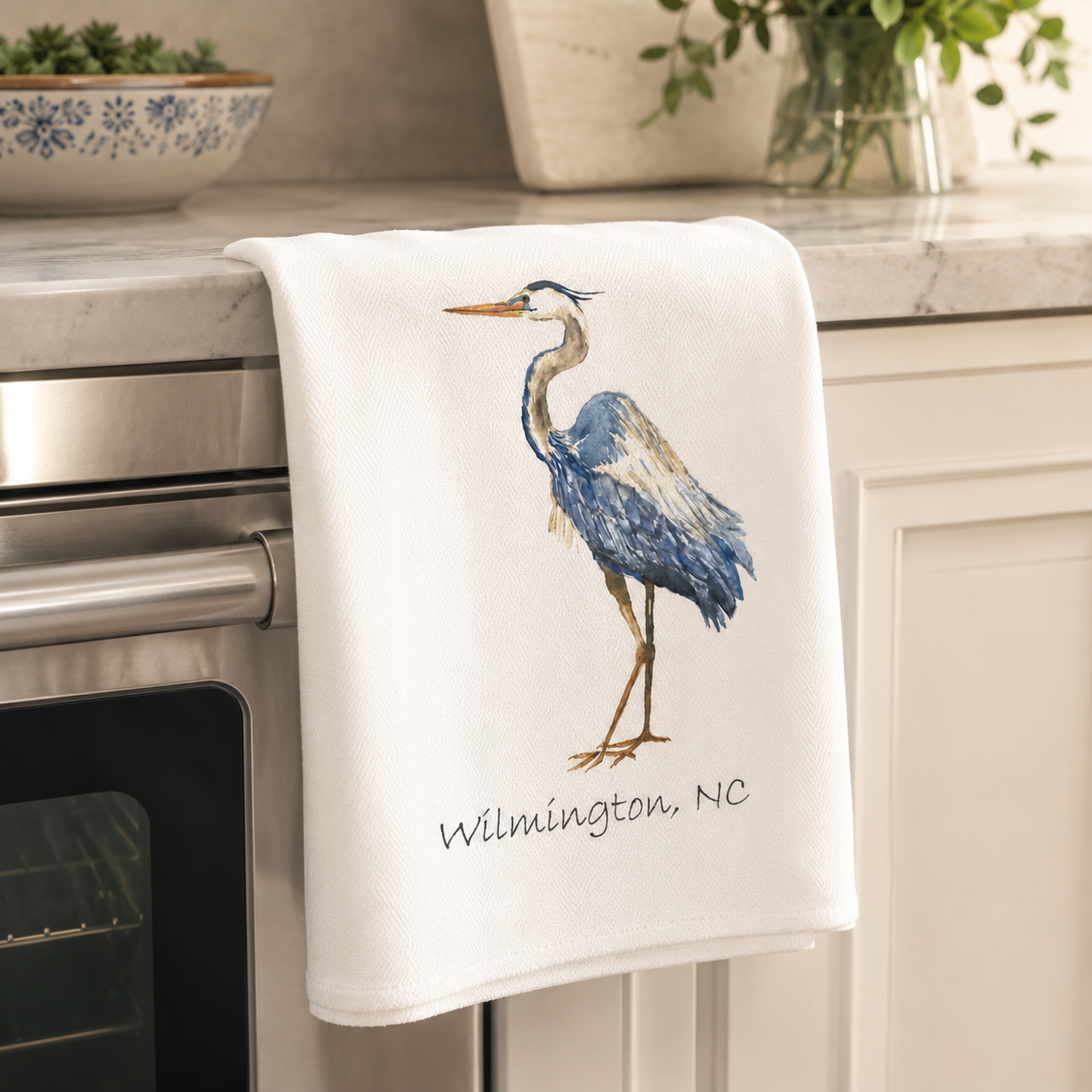 Blue Heron Wilmington Tea Towel – Coastal NC Bird Kitchen Towel Gift
