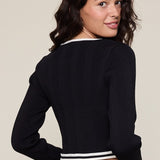 Boatneck Long-sleeve Button Down Contrast Hem Cardigan