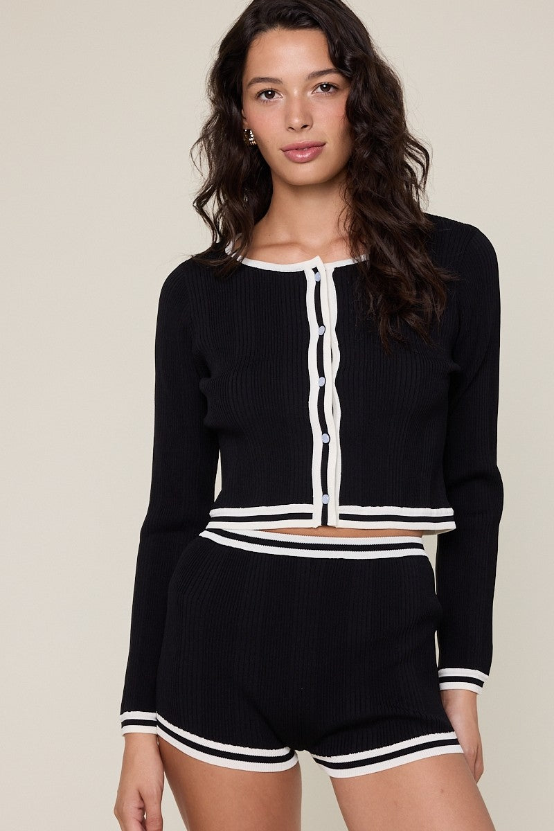 Boatneck Long-sleeve Button Down Contrast Hem Cardigan