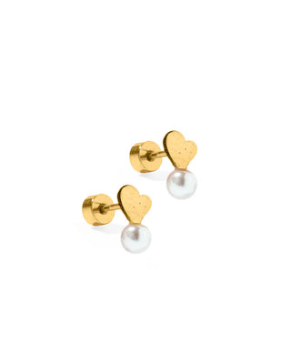 Gold Heart & Pearl Flatback Stud Earrings